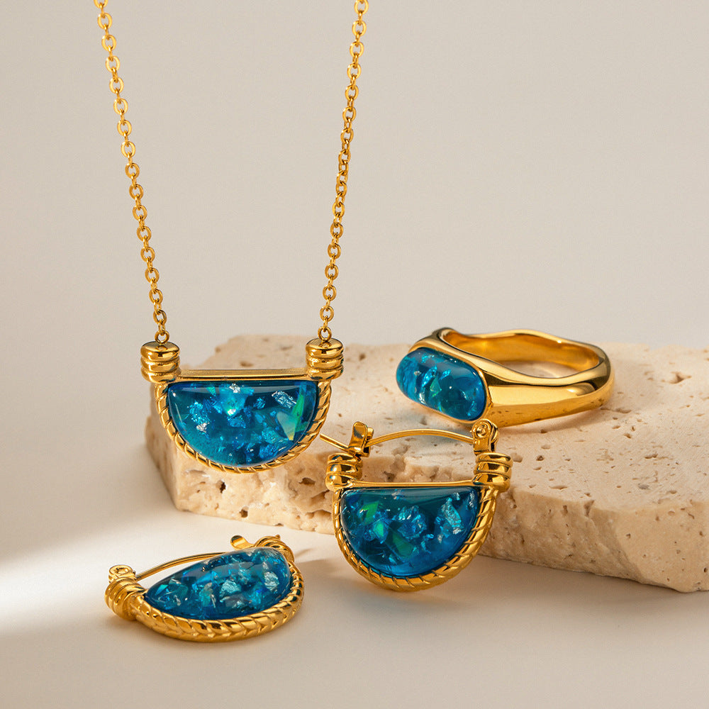 Retro Natural Blue Resin Fan Basket Embellished Necklace Women Accessories - Wanita Store