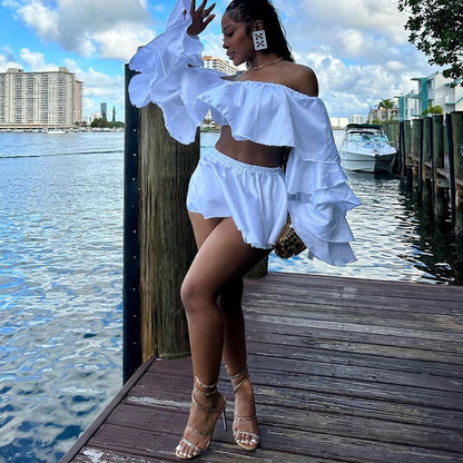 Spring Solid Color Ruffled Sexy Super Top Pleated Skirt Two Piece Set - Wanita Store