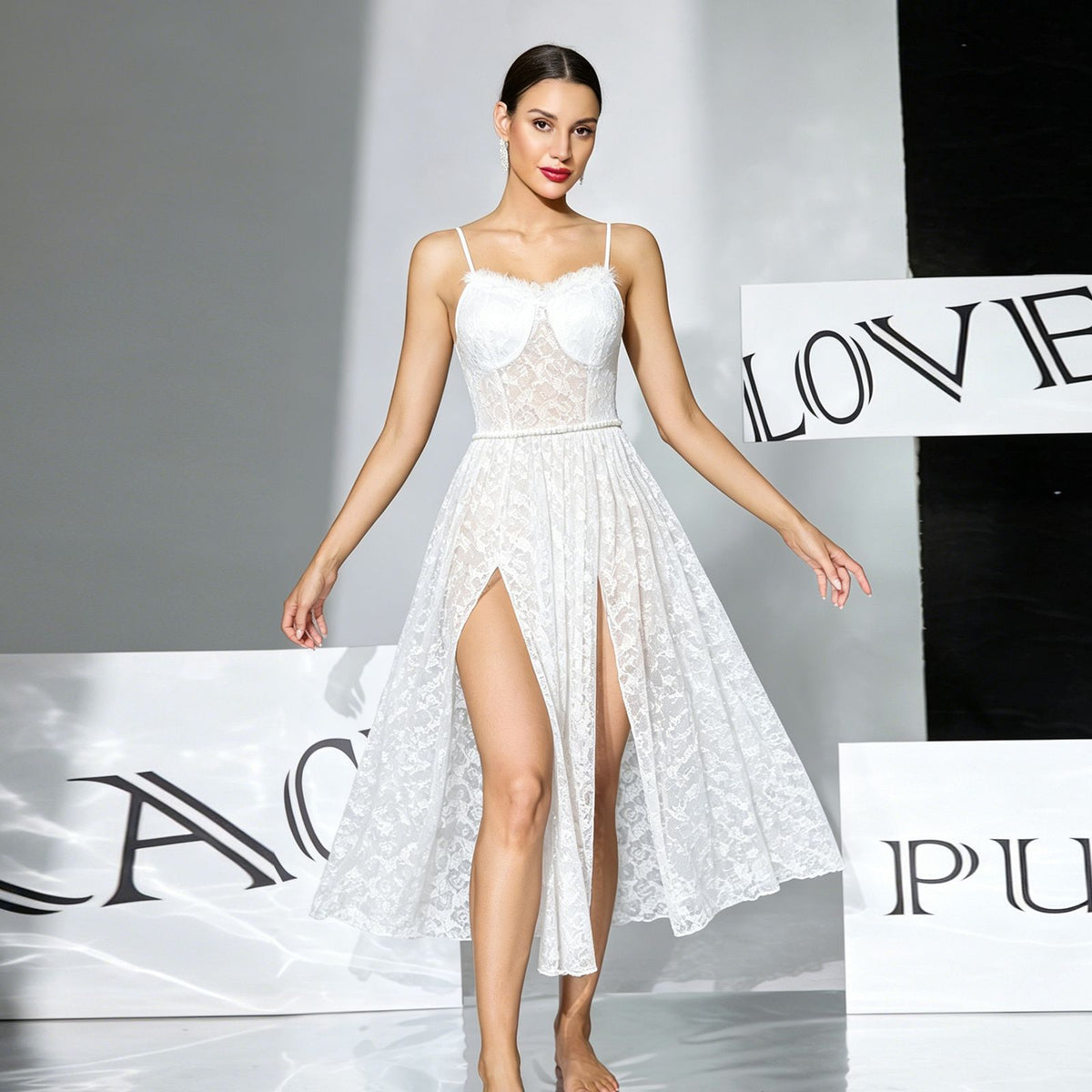 Plush Lace Nightdress Bandeau Sling High Slit Sexy Pearl Waist Chain Women Long Pajamas