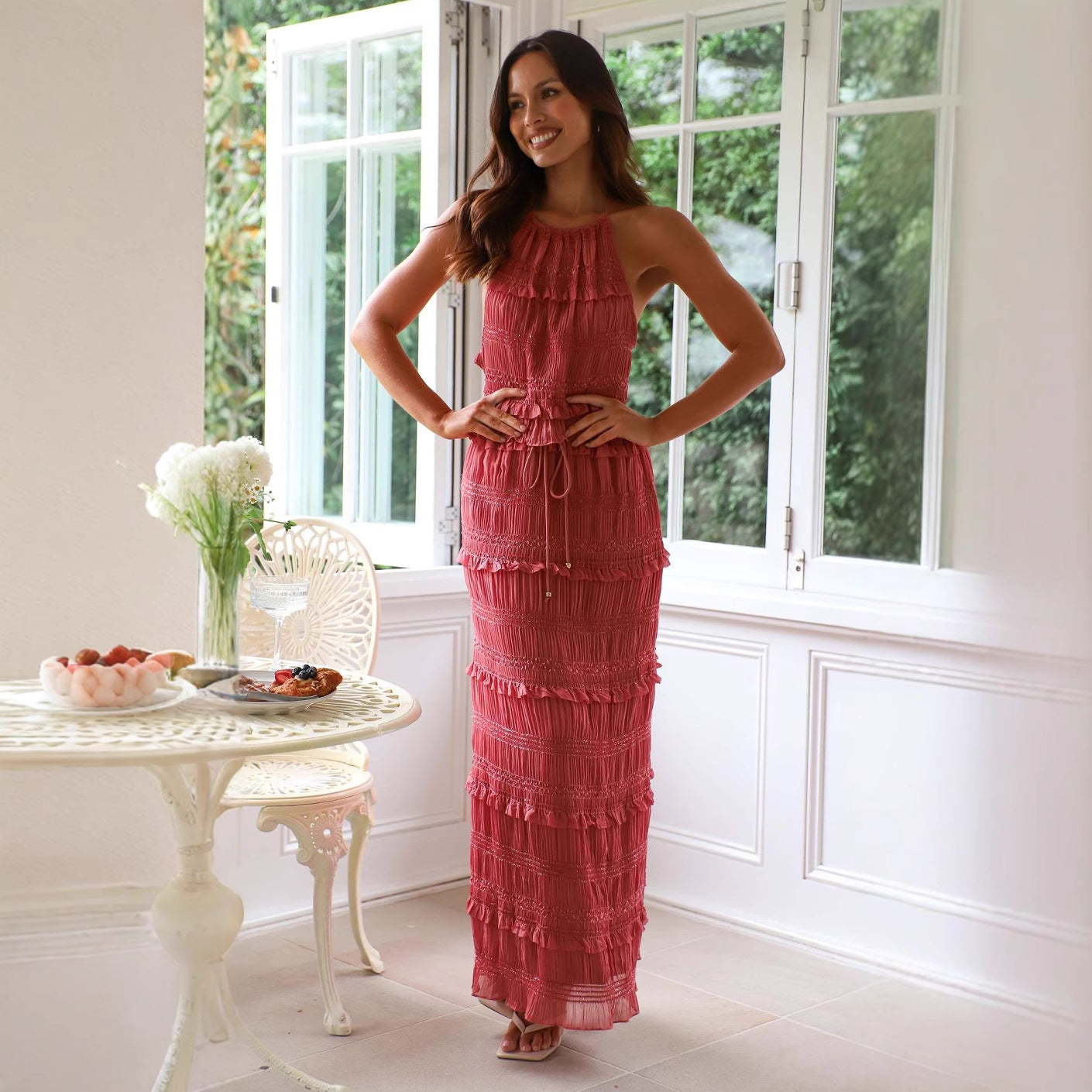 Spring Summer Sleeveless Chiffon Elastic Waist Two Piece Set Vacation Loose Skirt Set Women