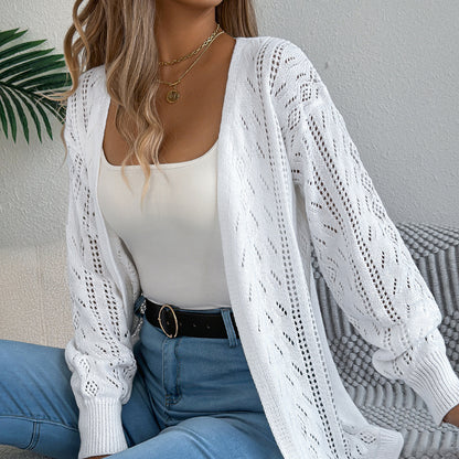 Early Autumn Casual Hollow Out Cutout out Lantern Long Sleeve Cardigan Sweater Mid Length Coat Women Clothing - Wanita Store