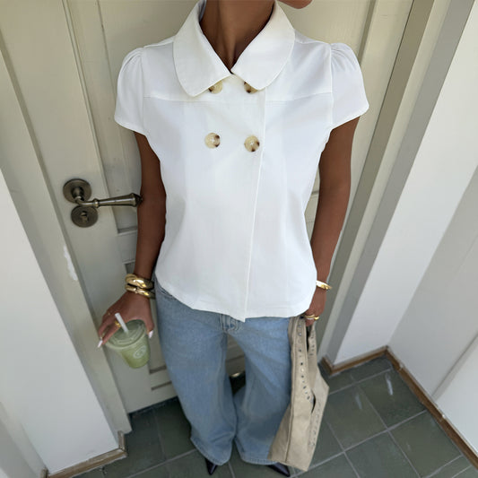 Spicy Girl Elegant Button Short Sleeve Shirt T shirt Top Women Clothing Summer