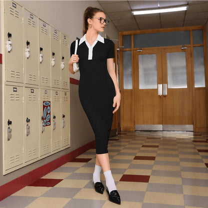 Summer Slimming Elegant Stitching Contrast Color Polo Collar Hip Short Sleeve Single Breasted Knitted Dress - Wanita Store