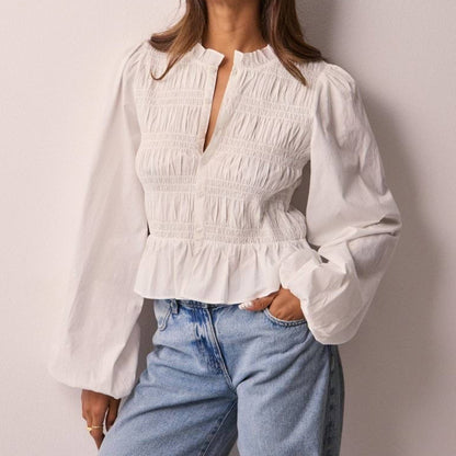 Chemisier femme uni décontracté à boutons, coupe cintrée, manches bouffantes