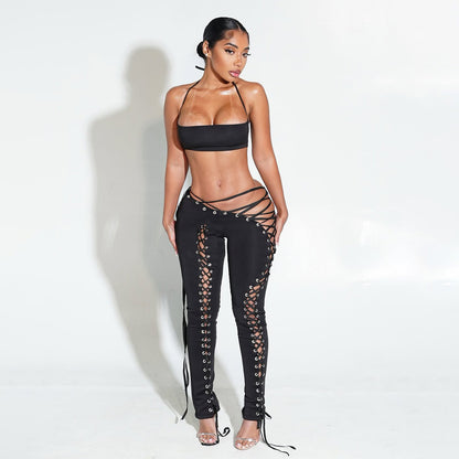Women Sexy Lacing Vest Street Lace up Trousers Two Piece Set - Wanita Store