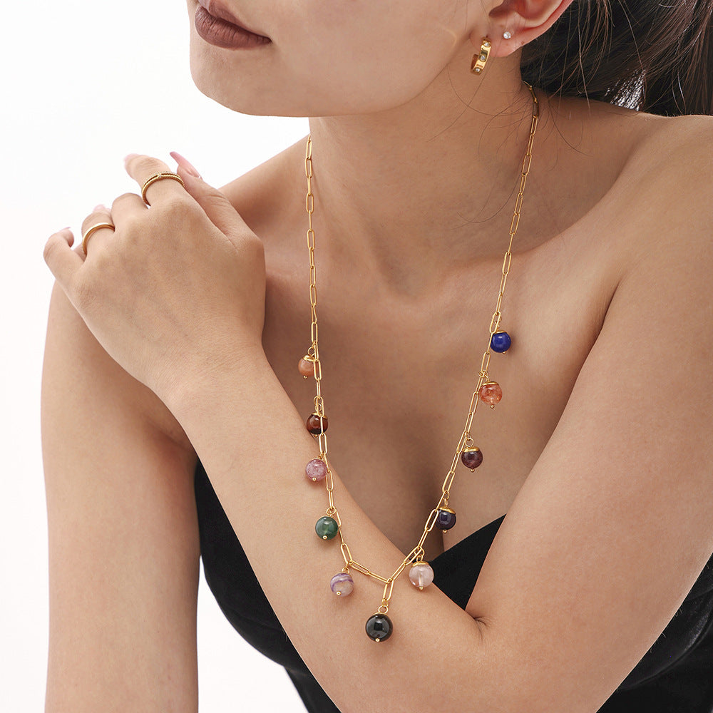 Mioli Handmade Chain Colorful Natural Stone Bohemian Necklace Women Stainless Steel All Match Internet Celebrity Embellished Jewelry - Wanita Store