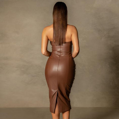 Autumn Winter Solid Color Faux Leather Elegant Slim-Fit Tube Top Back Slit Sexy Midi Dress - Wanita Store