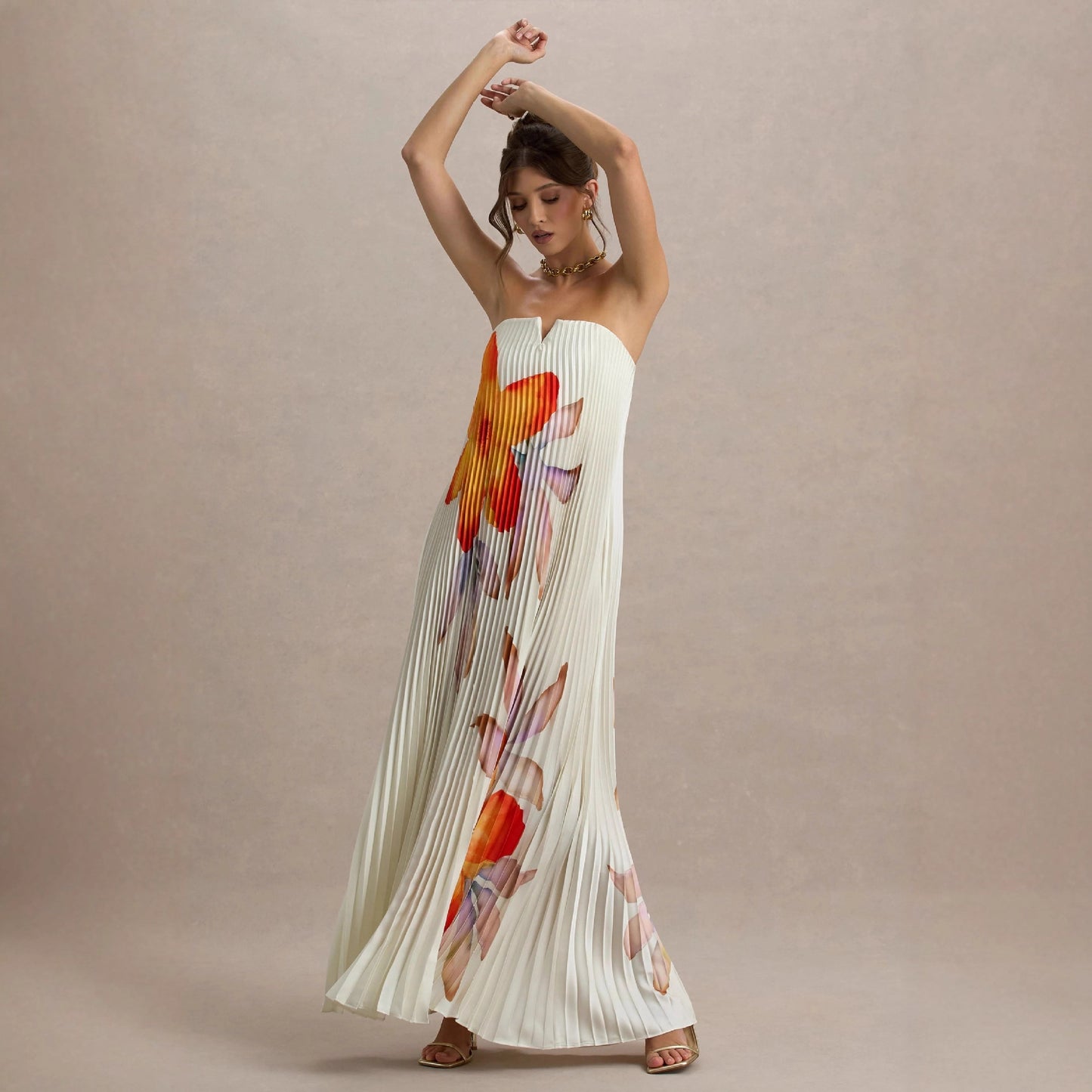 Printed Tube Top Loose Heavy Duty Pleated Maxi Dress Women