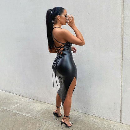 Arrival Faux Leather Night Club Sexy Backless Lace up Solid Color Personalized Split Sling Dress - Wanita Store