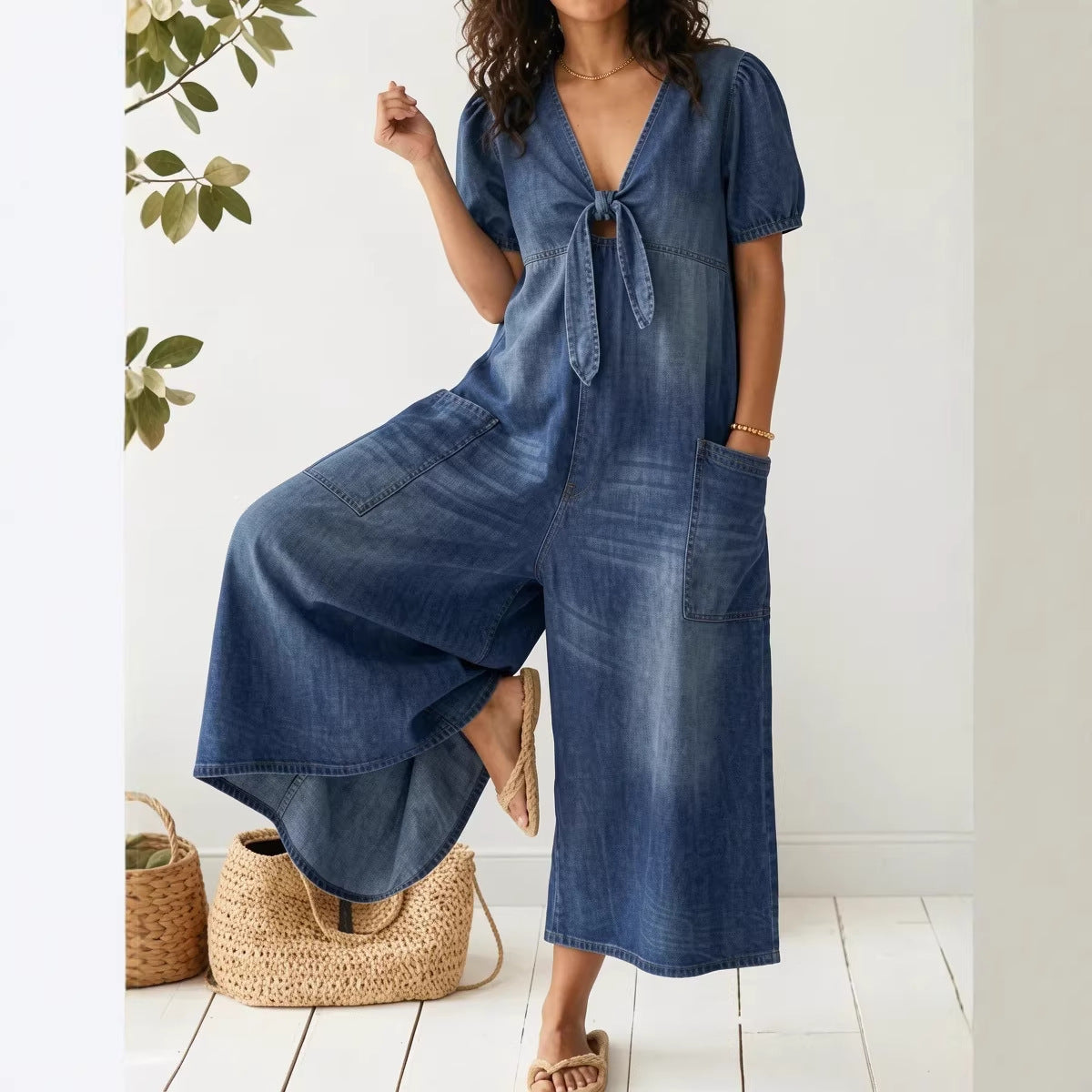 Spring Summer Women Casual Loose Short Sleeves V neck Jumpsuit