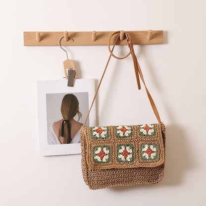 Floral Crossbody Straw Bag One Shoulder Flap Woven Bag Vacation Beach Bag Niche Women Bag - Wanita Store