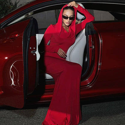 Women Clothing Autumn Solid Color Slim Fit Hood Long Sleeve Dress - Wanita Store