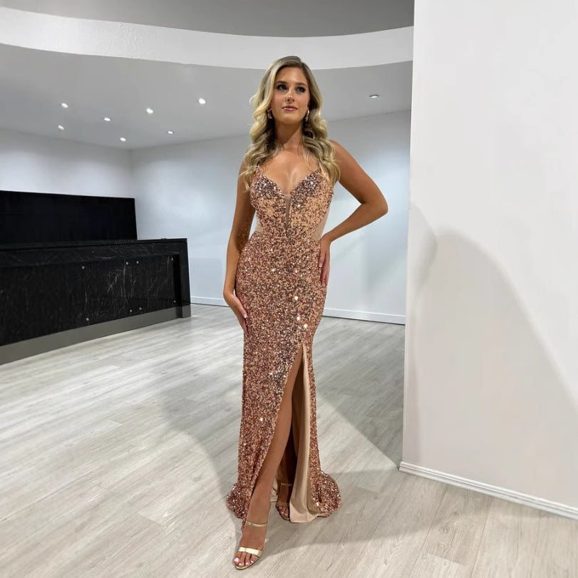 Sequined Split Sexy Sling Dress Waist Controlled Cocktail Dress Slim Fit Maxi Dress