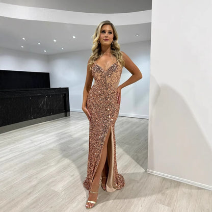 Sequined Split Sexy Sling Dress Waist Controlled Cocktail Dress Slim Fit Maxi Dress - Wanita Store
