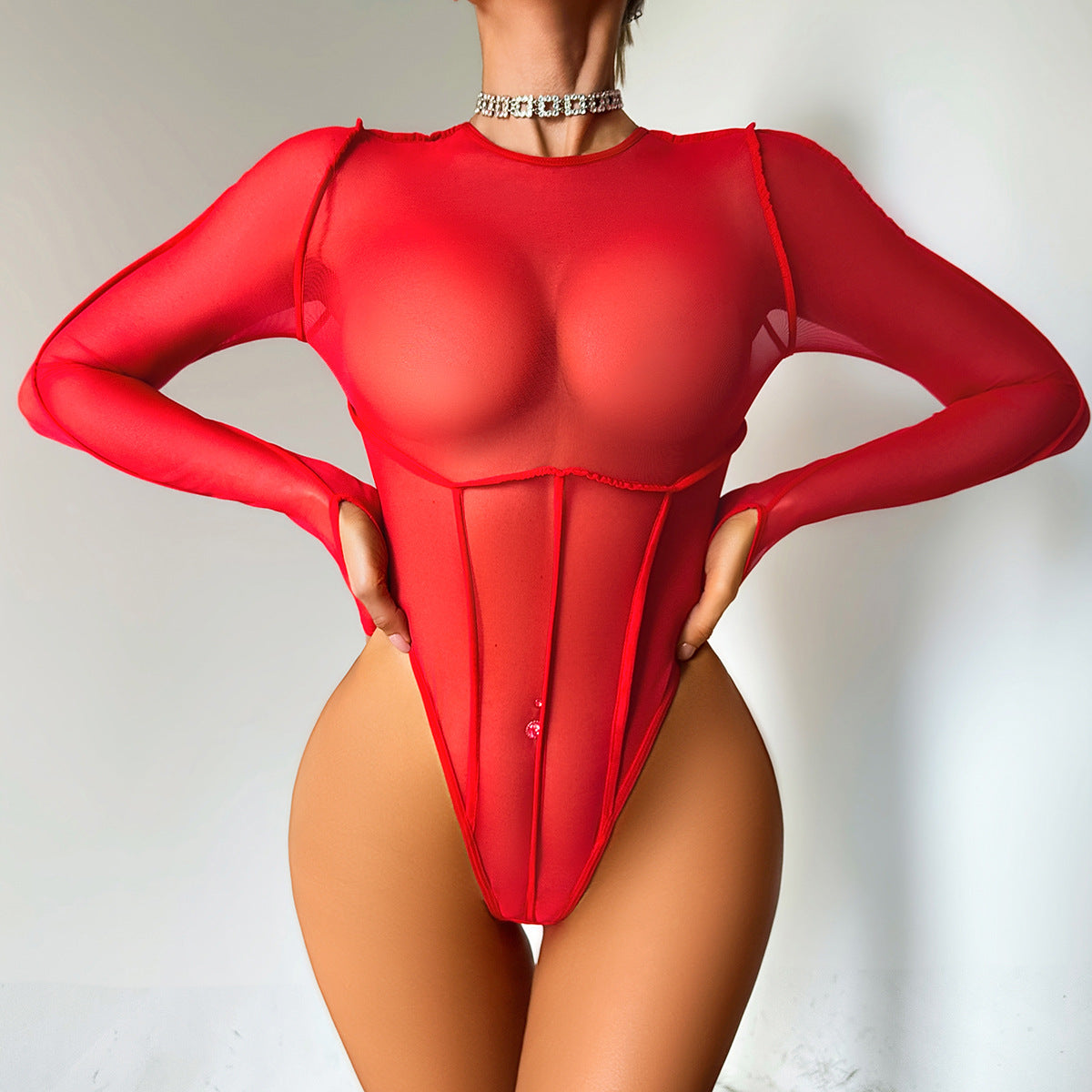 Long Sleeved Red See through Open Crotch Free off Tight Sexy Jumpsuit
