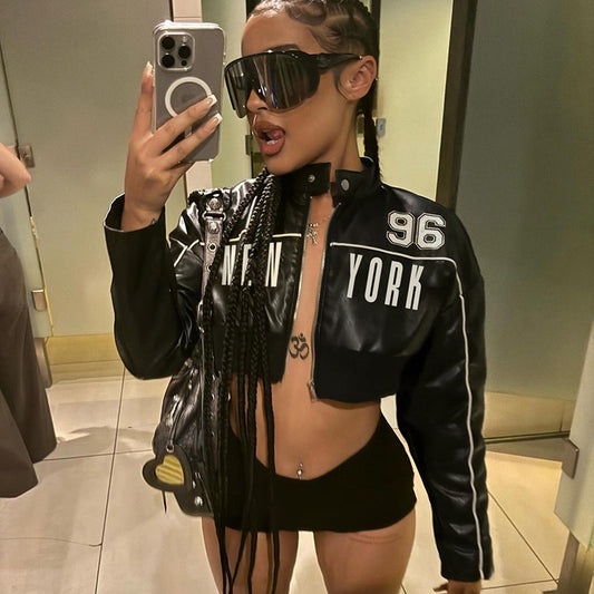 Personality Locomotive Leather Jacket Contrast Color Bud Stripe Numbers Short Faux Leather Jacket Spring Autumn