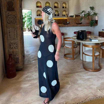 Autumn Winter Polka Dot Casual Slimming Knitted Maxi Dress Bohemian Beach See through Dress Women - Wanita Store