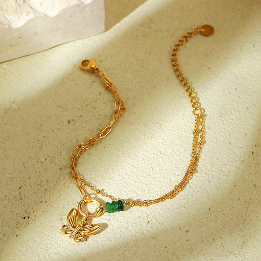 Natural Stone Green Beaded Butterfly Stainless Steel Bracelet Women Affordable Luxury High Grade Bracelet - Wanita Store
