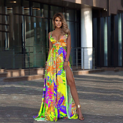 Sundress Spring New Leaf Four-Sided Stretch Dress Bohemian off-the-Shoulder Strap Tube Top Mop Dress Boho Vacation Maxi Dresses - Wanita Store