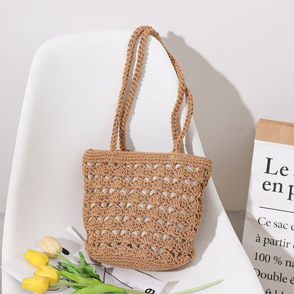 Korean Hollow Out Cutout Cotton Thread Hand Woven Bag Chi Elegant One Shoulder Portable Straw Weaved Bag Seaside Vacation Beach Bag - Wanita Store