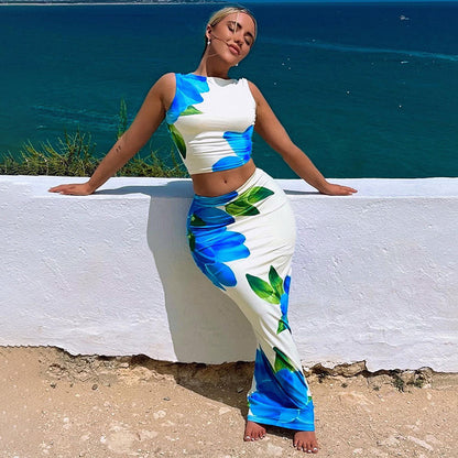 Summer Casual Printed Cropped Tank Top Sheath Slim Fit Skirt Set Women - Wanita Store