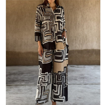 Women Clothing Cotton Linen Multi Color Printed Long Sleeve Casual Straight Pants Two Piece Set - Wanita Store