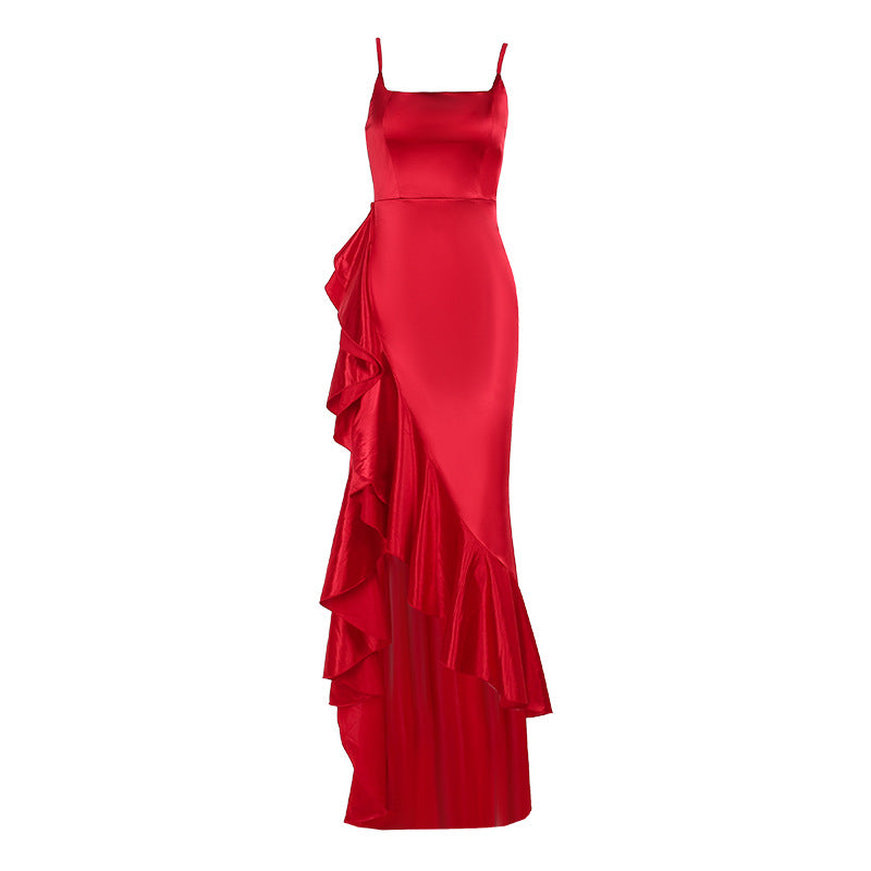Vestido de mujer sexy con tirantes, volantes y abertura, para otoño