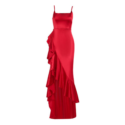 Women Autumn Slit Sexy Spaghetti Strap Ruffle Dress