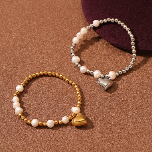Pearl Heart Titanium Steel Bracelet Women Affordable Luxury All Match Beaded Stainless Steel Bracelet - Wanita Store