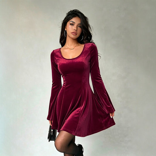 U Collar Velvet Dress Women Back Lace up Waist Controlled Slimming Bell Sleeve A line Dress