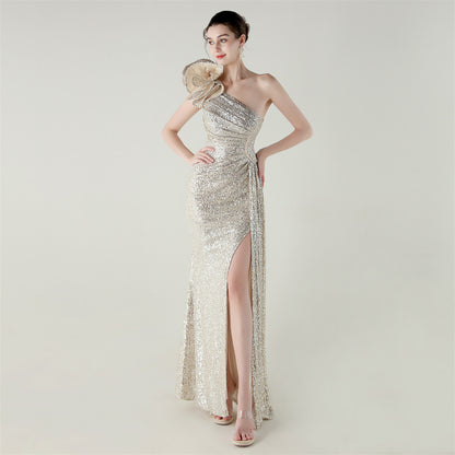 One Shoulder Sequin Craft Floral Beaded Slim Fishtail Evening Dress Award Ceremony High End Social Dress - Wanita Store