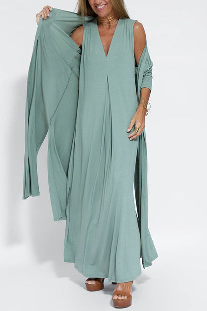 Solid Color Pullover V Neck Dress Cardigan Coat Set Women - Wanita Store