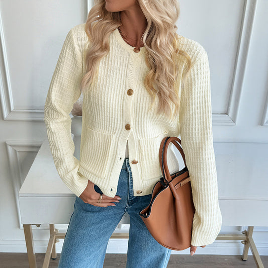 Autumn Winter Casual Korean Metal Button Cardigan Solid Color Sweater Coat for Women