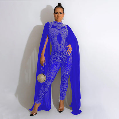 Autumn Winter Women Clothing Sexy Mesh Rhinestone See through Nightclub Jumpsuit Women - Wanita Store