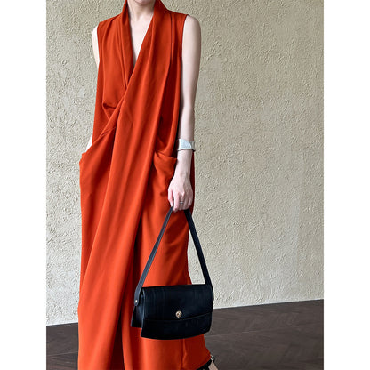 Elegant V neck Sleeveless Twisted Waist Dress Women Slimming Irregular Asymmetric High Grade Hong Kong Long Dress - Wanita Store
