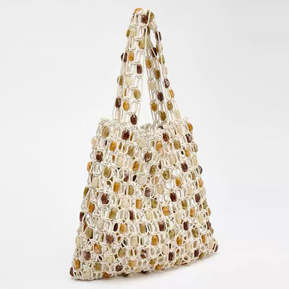 Summer Casual Beaded Bag Women Special Interest High Sense Woven Bag Plaid Hollow Out Cutout Wooden Bead Beach Bag - Wanita Store