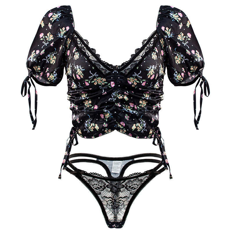 Sexy Lingerie Deep V Plunge neck Floral Bra Thin Strap T Back See through Sexy Two Piece Set