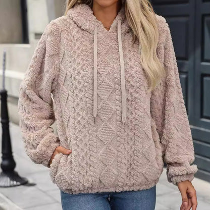 Autumn Winter Women Clothing Plush Jacquard Fabric Long Sleeve Loose Hooded Pullover Sweatshirt - Wanita Store