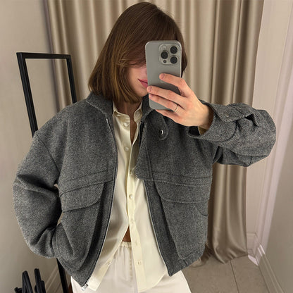 Herringbone Pattern Stand Collar Jacket Autumn Winter Zipper with Pocket Top Loose Woolen Coat - Wanita Store