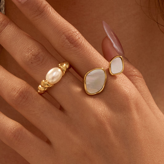Irregular Asymmetric Design Geometric Abstract White Shell Stainless Steel Ring 18K Gold Twist Hand Jewelry - Wanita Store
