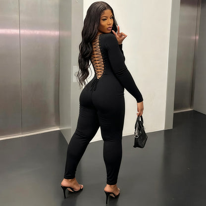 Women Clothing Autumn Winter Sexy U Collar Backless Lace up Long Sleeve Solid Color Hip Lifting Jumpsuit - Wanita Store