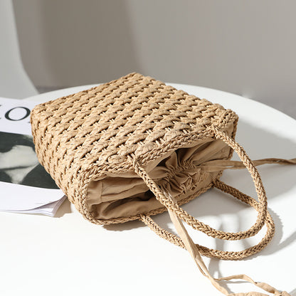 Japan South Korea Straw Bag Solid Color Woven Bag One Shoulder Hand-Carrying Small Bag Casual Women Bag Vacation Beach Bag - Wanita Store