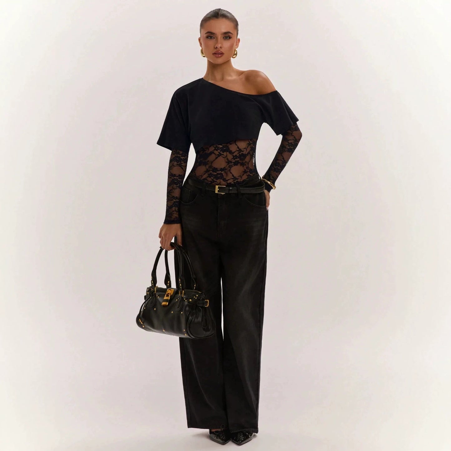 Sexy One Piece Cropped Outfit Slim Lace Stitching Long Sleeve Top