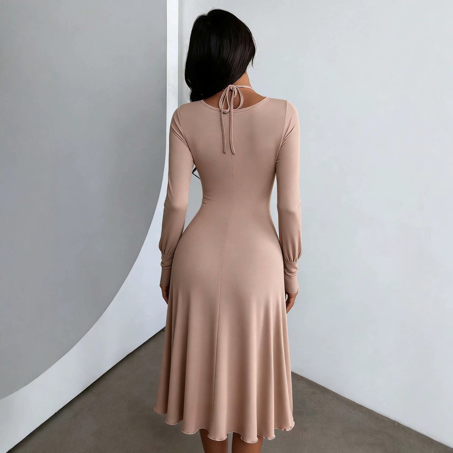 Gentle Halter Cross Dress Tight Waist Slimming Flounce Office Midi Dress