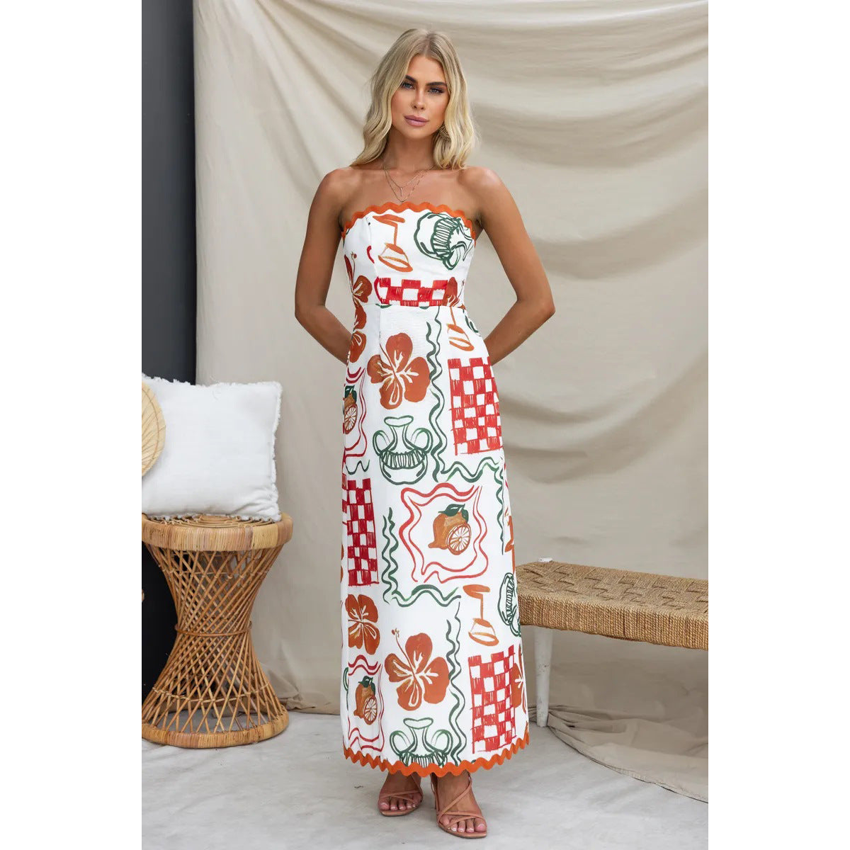 Spring Summer Chest Wrapped Pleated Casual Dress Vacation Loose Women Wear Dress