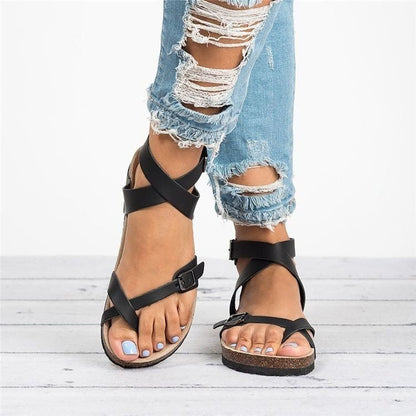 Summer plus Size Sandals Cork Sole Roman Toe Covering Belt Buckle Strip Winding Sandals Women - Wanita Store