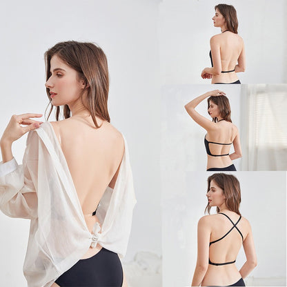 Soutien-gorge dos nu sexy, surface brillante sans rayures, forme en U, push-up pour petite poitrine avec maintien, style tour de cou