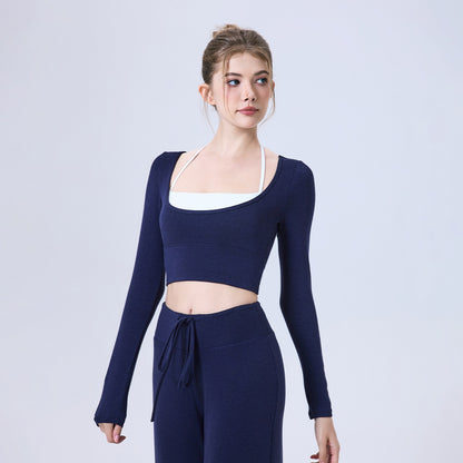 Nude Feel Contrast Color Yoga Clothes Long Sleeve Semi Fixed Cup Running Slim Sports Bra Breathable Workout Clothes Top - Wanita Store