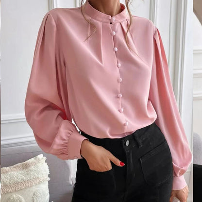 Women Shirt Autumn Elegant Solid Color Collared Long Sleeve Single Row Button Loose Women Top - Wanita Store