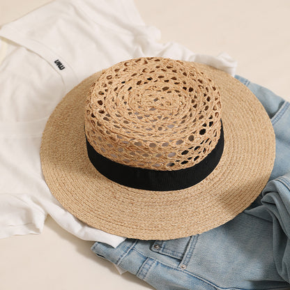 Lafite Cap Hollow Out Cutout Flat Top Sun Hat Summer Hand Woven Straw Hat All Match Travel Vacation Beach Hat - Wanita Store